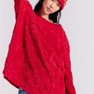 NWT Free People Calla Sherpa Pullover in Red Combo size L